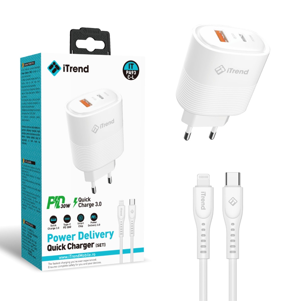 [PA93C-L-WH] Incarcator Retea cu Cablu Lightning, 1m, 30W, 1xUSB-C + 1xUSB-A, PD, QC3.0, ALB (PA93C-L)