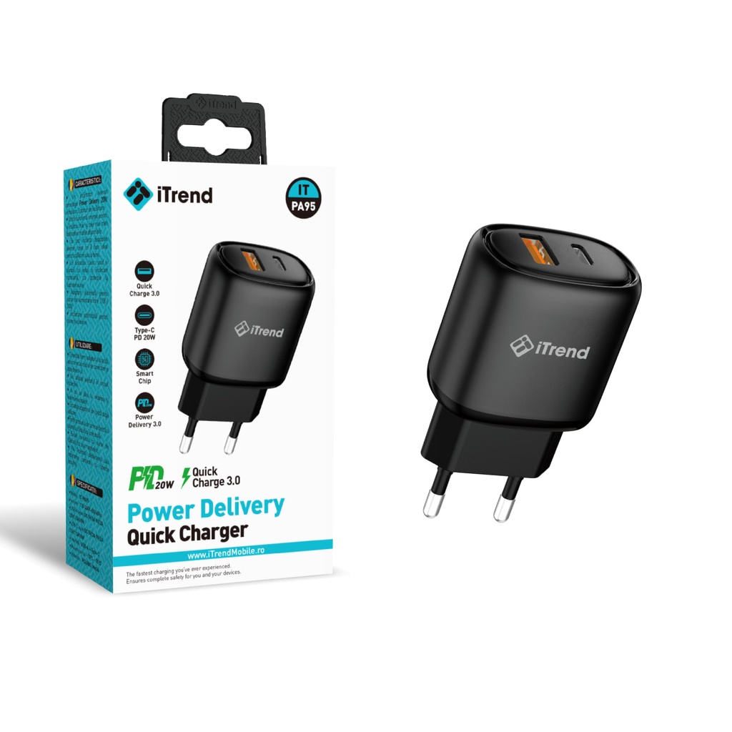 Incarcator Retea, 20W, 1xUSB-C + 1xUSB-A, PD, QC3.0, NEGRU (PA95)