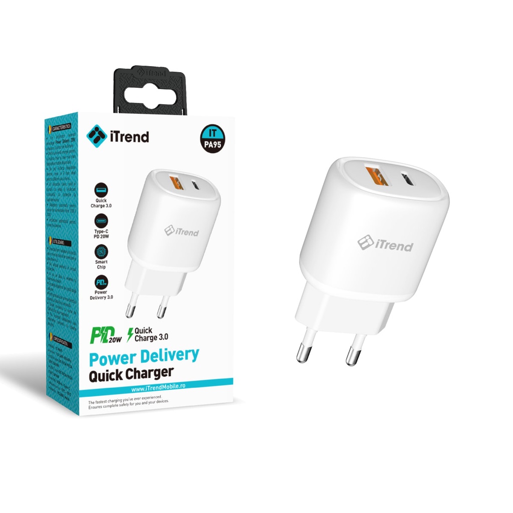Incarcator Retea, 20W, 1xUSB-C + 1xUSB-A, PD, QC3.0, ALB (PA95)
