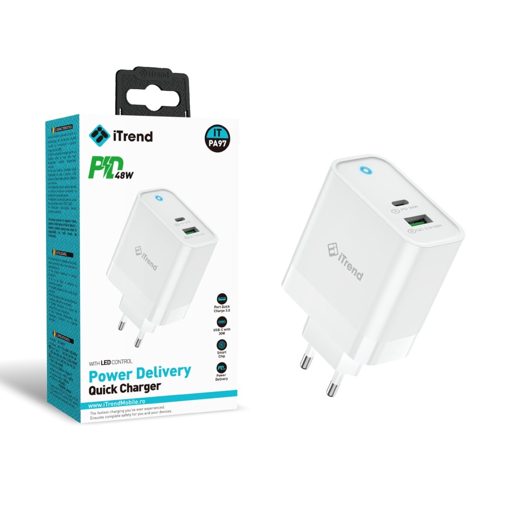 [PA97-WH] Incarcator Retea, 48W, 1xUSB-C + 1xUSB-A, PD, QC3.0, ALB (PA97)