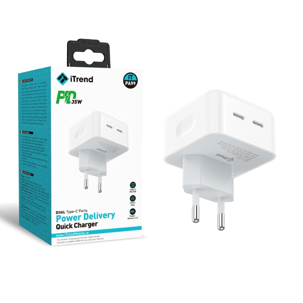 Incarcator Retea, 35W, 2xUSB-C, PD, ALB (PA99)