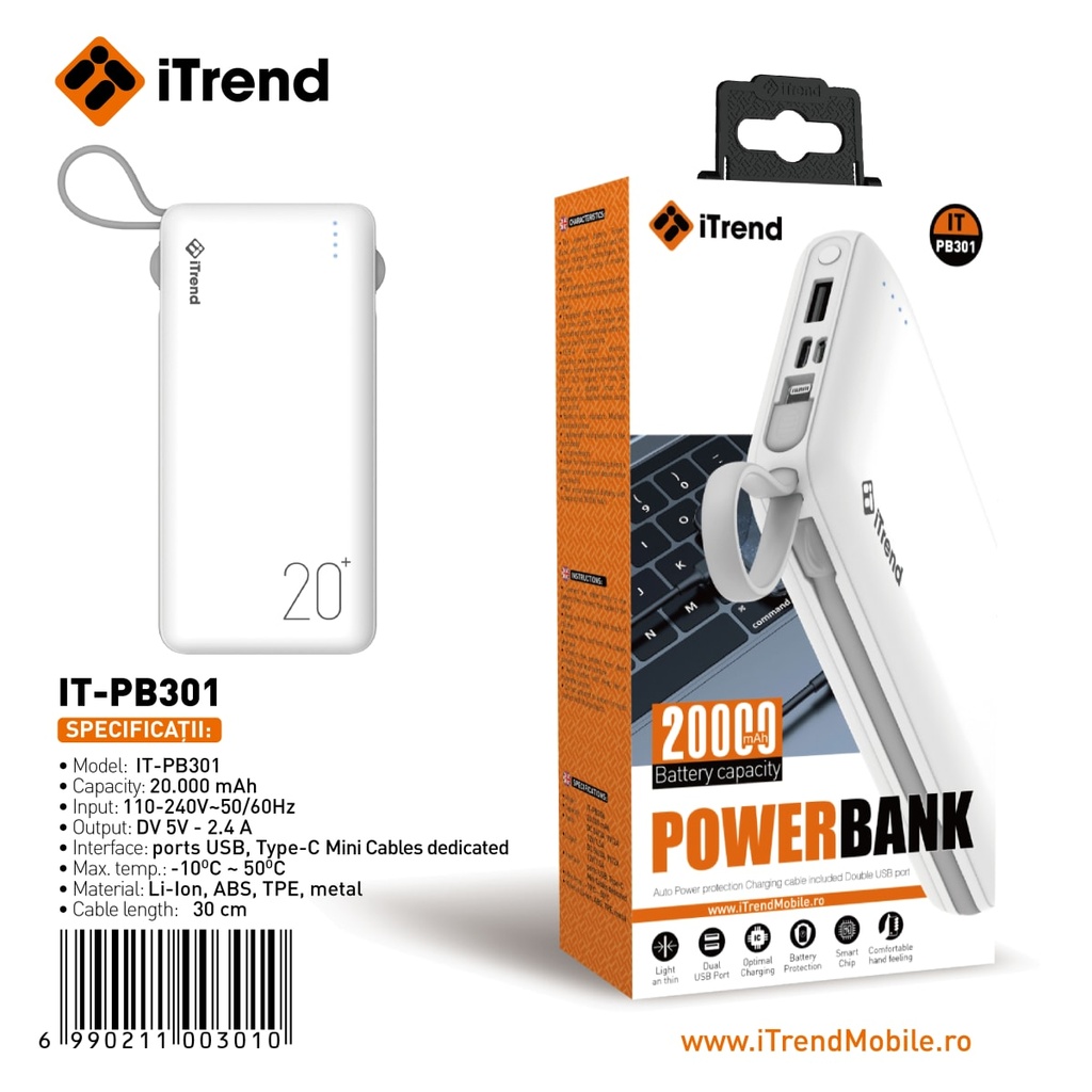 [PB301-WH] Baterie Externa, 20000mAh, 1 x USB-A, Cablu USB-C + Lightning Integrat, ALB (PB301)