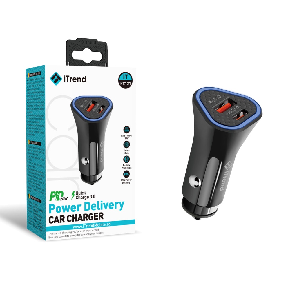 [PC131-BK] Car Charger, 38W, 1xUSB-C + 1xUSB-A, PD, QC3.0, BLACK (PC131)