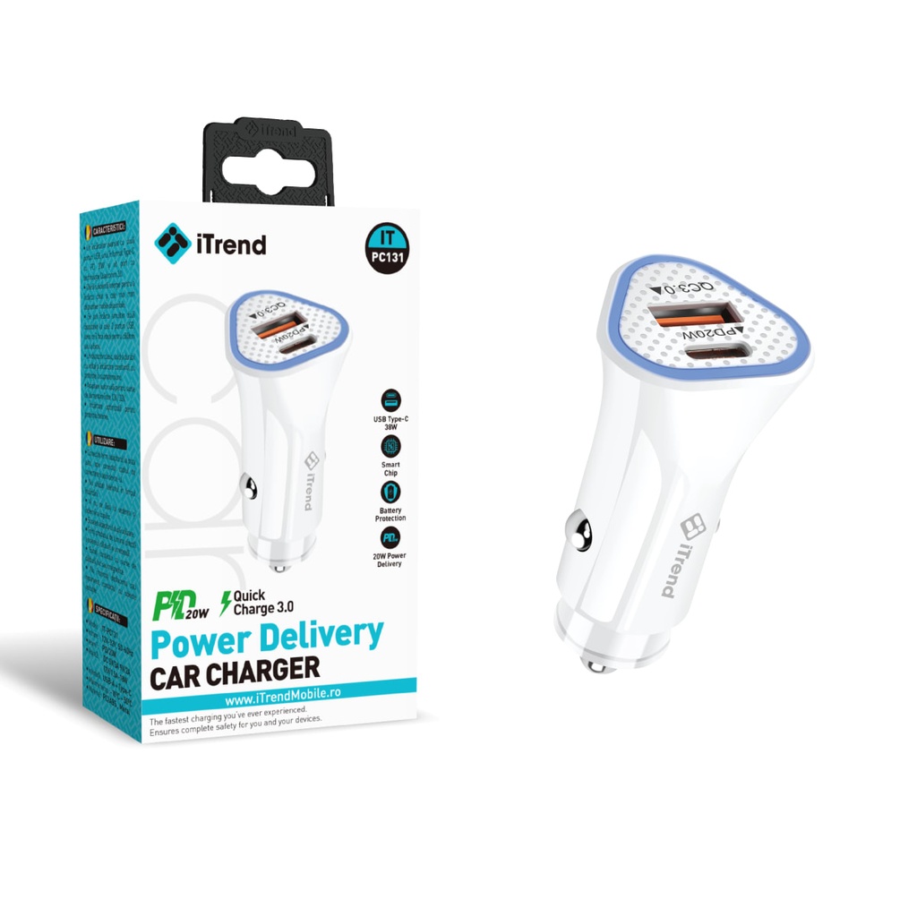 [PC131-WH] Car Charger, 38W, 1xUSB-C + 1xUSB-A, PD, QC3.0, WHITE (PC131)