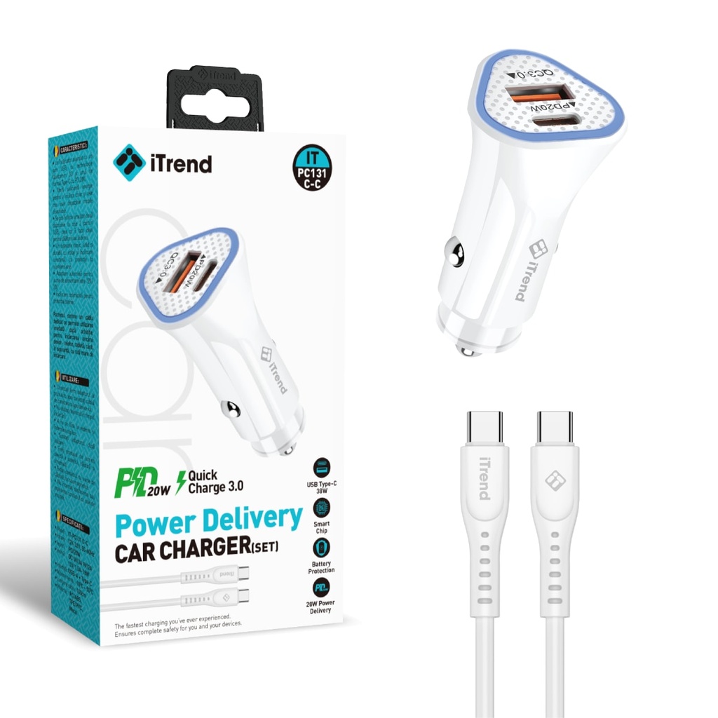 [PC131C-C-WH] Incarcator Auto cu Cablu USB-C, 1m, 38W, 1xUSB-C + 1xUSB-A, PD, QC3.0, ALB (PC131C-C)