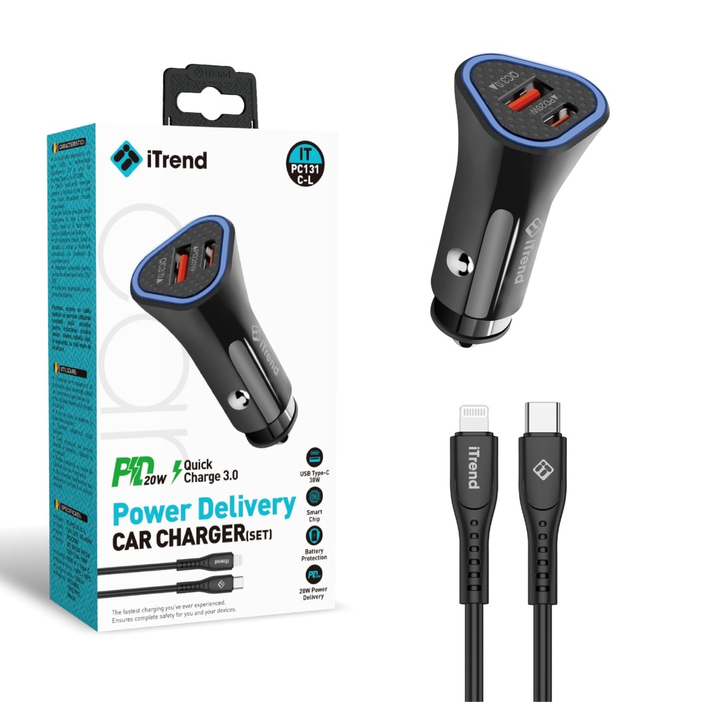 [PC131C-L-BK] Incarcator Auto cu Cablu Lightning, 1m, 38W, 1xUSB-C + 1xUSB-A, PD, QC3.0, NEGRU (PC131C-L)