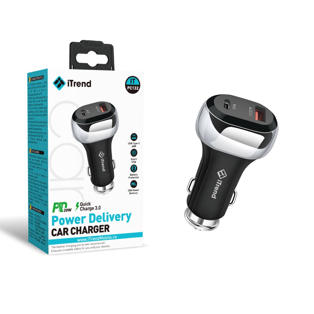 [PC132-BK] Incarcator Auto, 48W, 1xUSB-C + 1xUSB-A, PD, QC3.0, NEGRU (PC132)