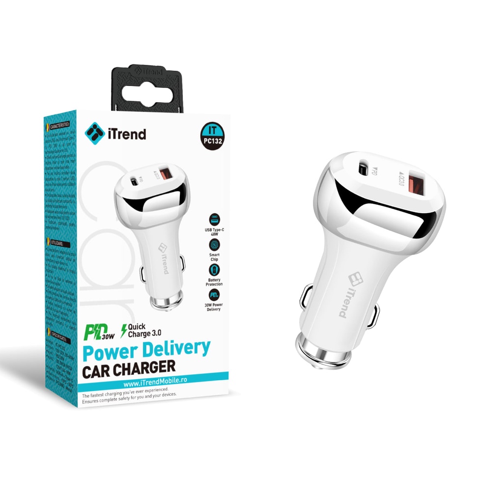 [PC132-WH] Incarcator Auto, 48W, 1xUSB-C + 1xUSB-A, PD, QC3.0, ALB (PC132)