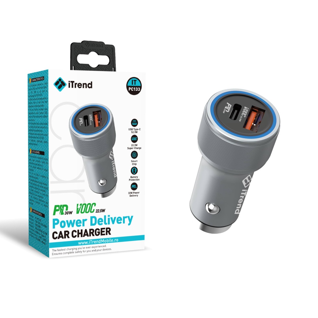 [PC133-GY] Incarcator Auto, 42.5W, 1xUSB-C, PD, GRI (PC133)
