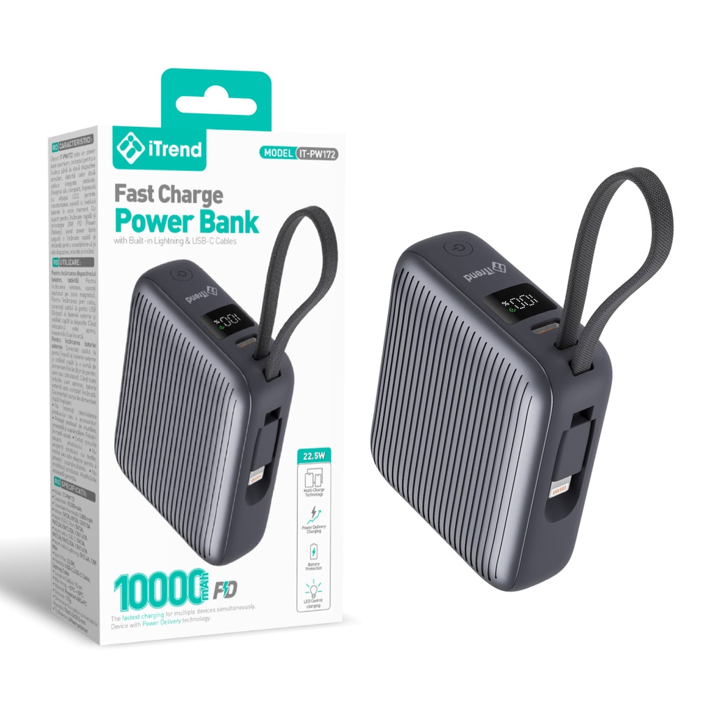 [PW172-BK] Baterie Externa, 22.5W, Cablu USB-C Integrat, NEGRU (PW172)