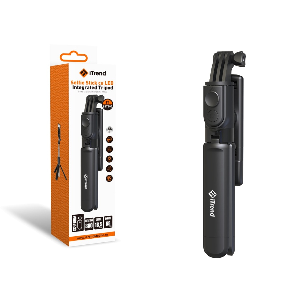 [SST603-BK] Selfie Stick, Grip Clamp, with LED, BLACK (SST603)