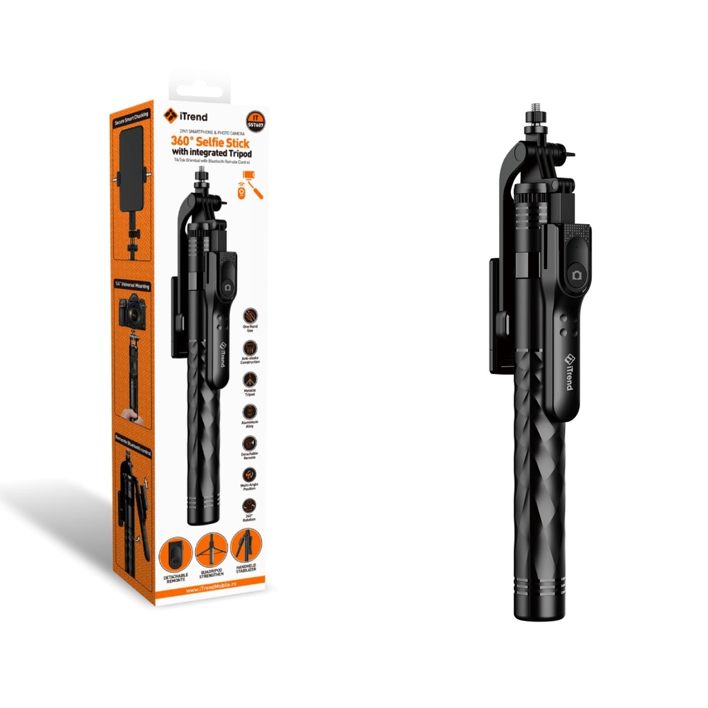 [SST607-BK] Selfie Stick, Fixare Cleme, Rotire 360°, Trepied Integrat, NEGRU (SST607)