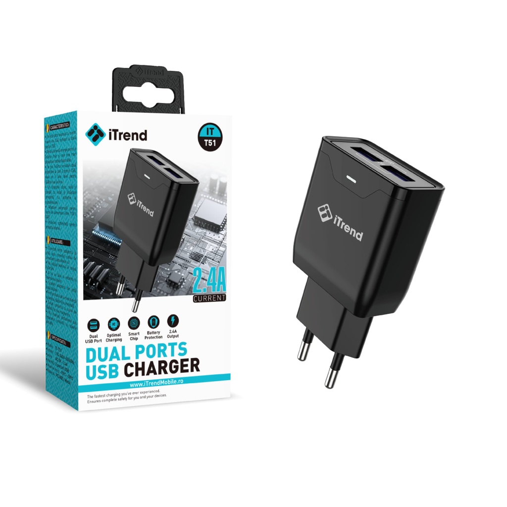 Incarcator Retea, 2.4A, 2xUSB-A, NEGRU (T51)