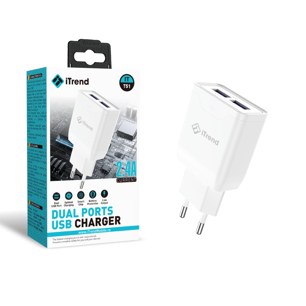 [T51-WH] Network Charger, 2.4A, 2xUSB-A, WHITE (T51)