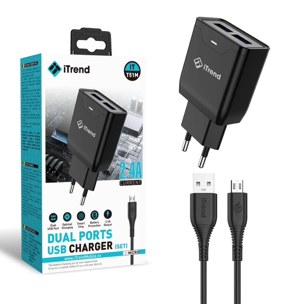 [T51M-BK] Incarcator Retea cu Cablu Micro-USB, 1m, 2.4A, 2xUSB-A, NEGRU (T51M)
