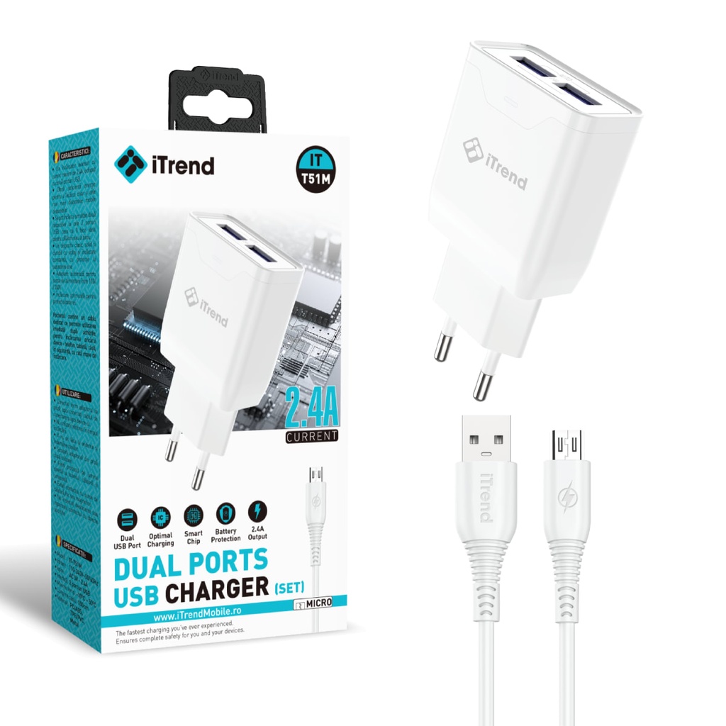 [T51M-WH] Incarcator Retea cu Cablu Micro-USB, 1m, 2.4A, 2xUSB-A, ALB (T51M)
