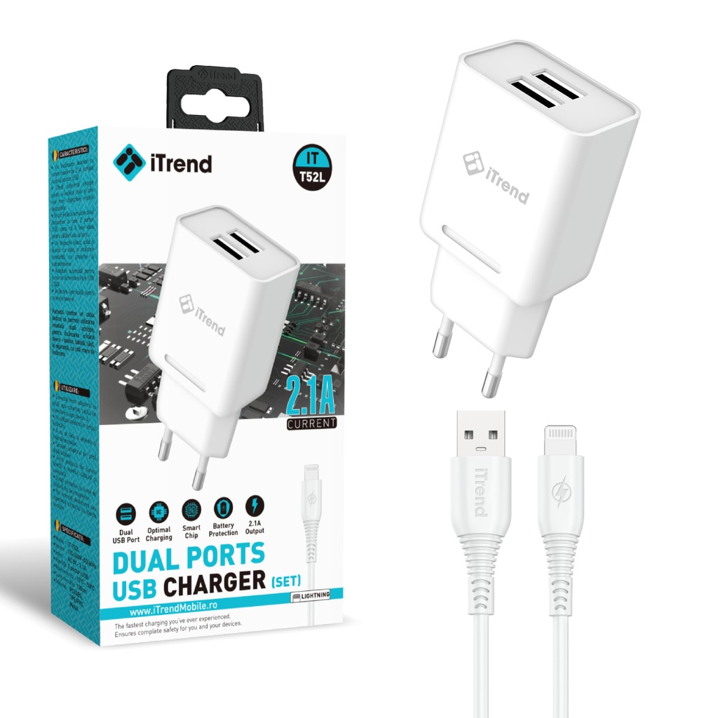 [T52L-WH] Incarcator Retea cu Cablu Lightning, 1m, 2.1A, 2xUSB-A, ALB (T52L)