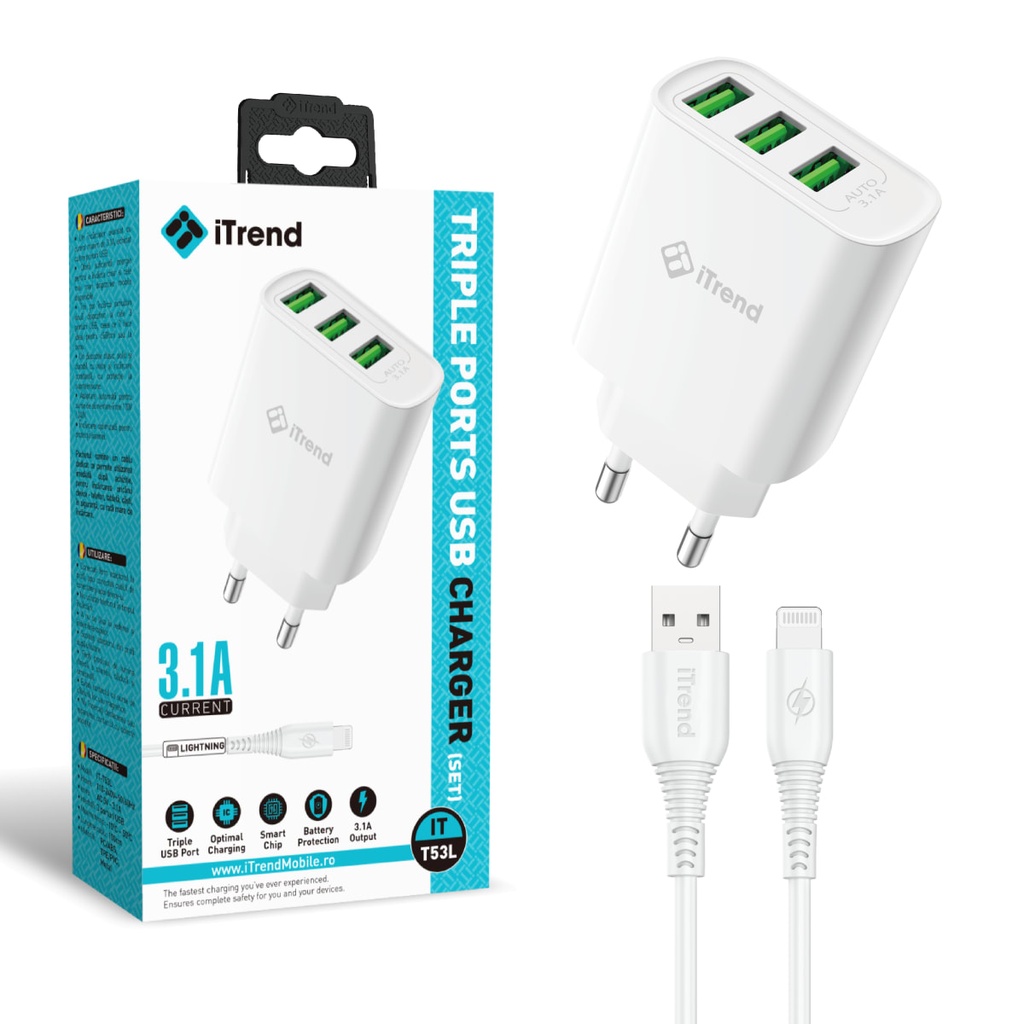 [T53L-WH] Incarcator Retea cu Cablu Lightning, 1m, 3.1A, 3xUSB-A, ALB (T53L)