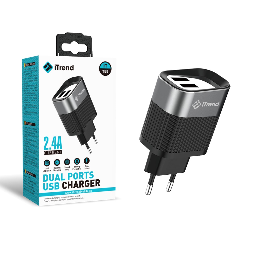 Incarcator Retea, 2.4A, 2xUSB-A, NEGRU (T55)