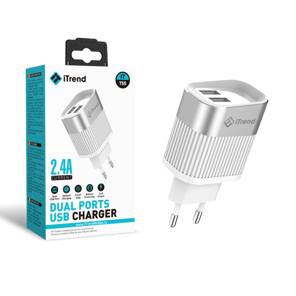 [T55-WH] Network Charger, 2.4A, 2xUSB-A, WHITE (T55)