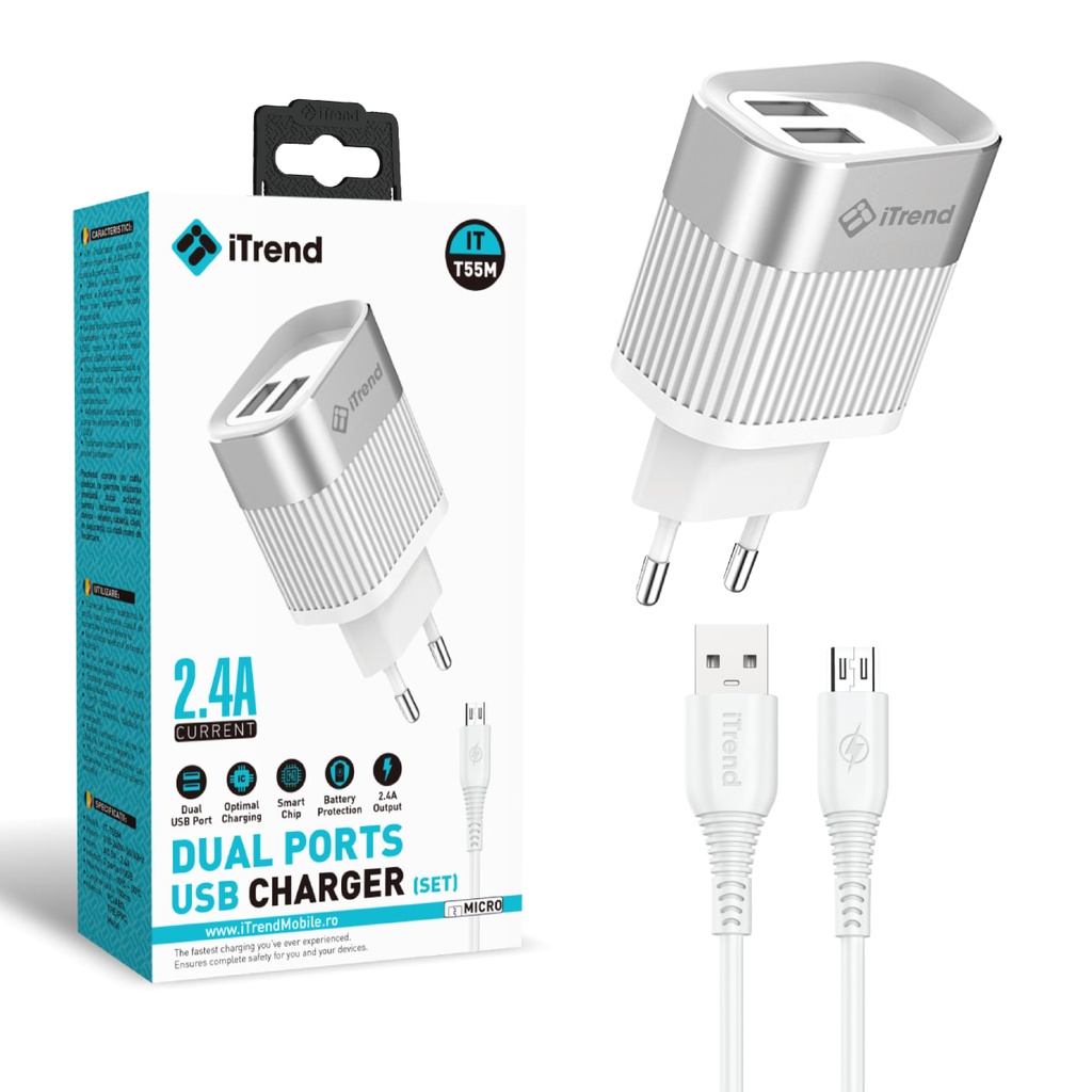 Incarcator Retea cu Cablu Micro-USB, 1m, 2.4A, 2xUSB-A, ALB (T55M)