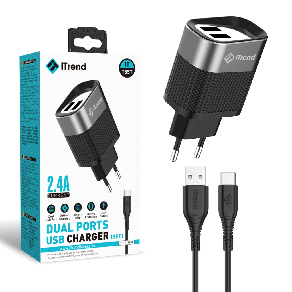 Incarcator Retea cu Cablu USB-C, 1m, 2.4A, 2xUSB-A, NEGRU (T55T)
