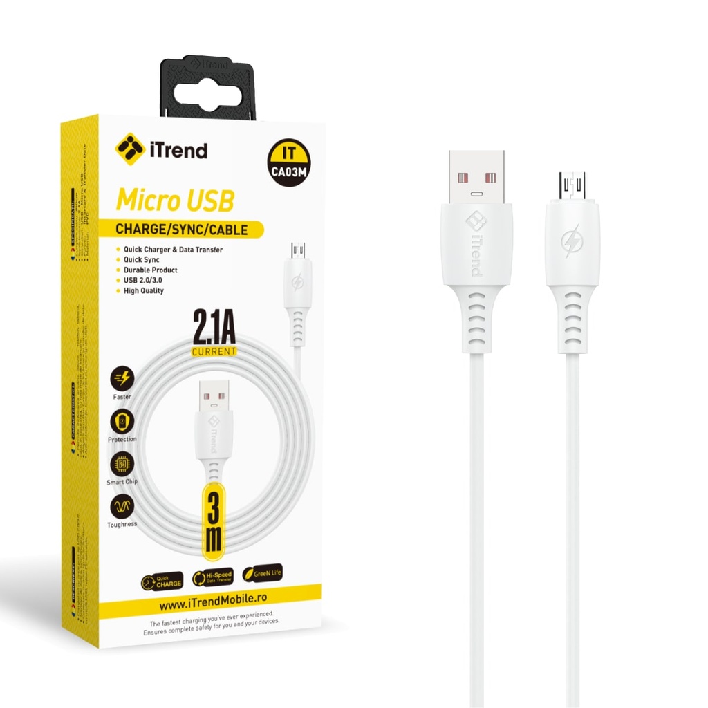 [CA03M-WH] Cablu Date si Incarcare, USB-A la Micro-USB, 3m, ALB (CA03M)