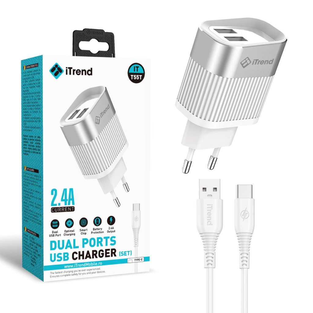 Incarcator Retea cu Cablu USB-C, 1m, 2.4A, 2xUSB-A, ALB (T55T)