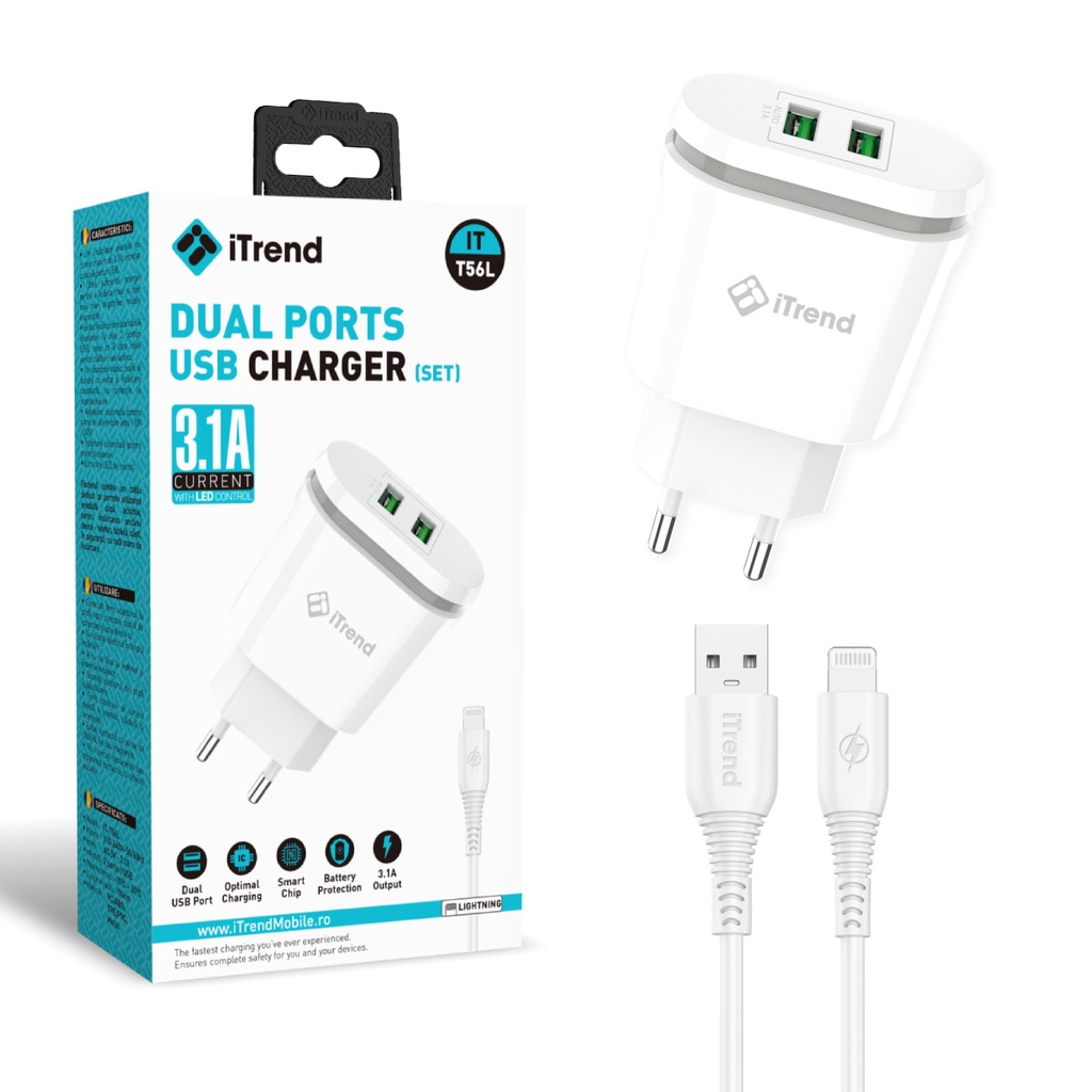 Incarcator Retea cu Cablu Lightning, 1m, 3.1A, 2xUSB-A, ALB (T56L)