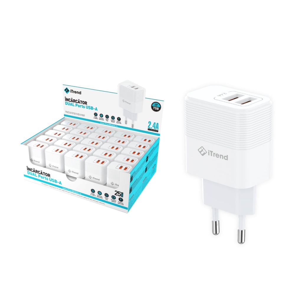 Incarcator Retea, 2.4A, 2xUSB-A, ALB (T58)