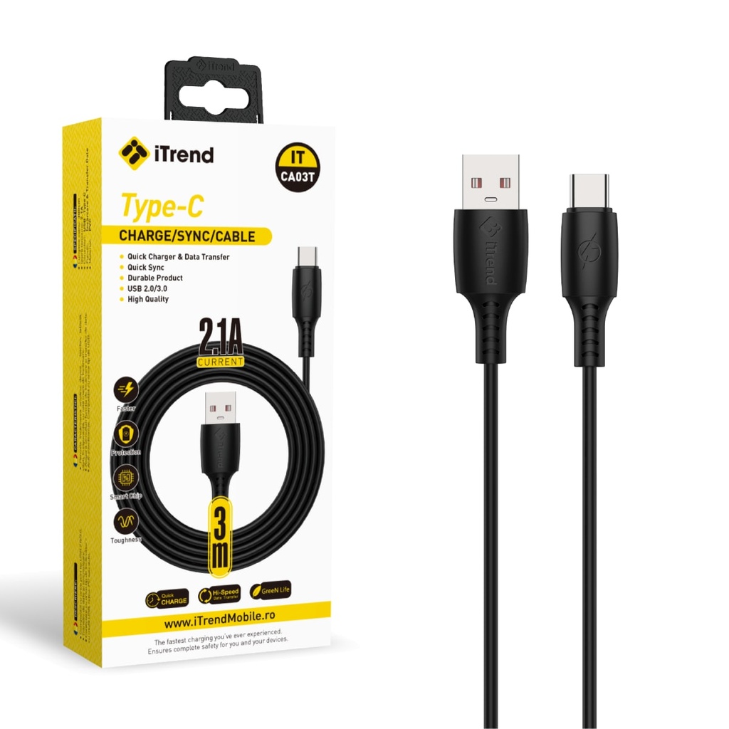 Cablu Date si Incarcare, USB-A la USB-C, 3m, NEGRU (CA03T)