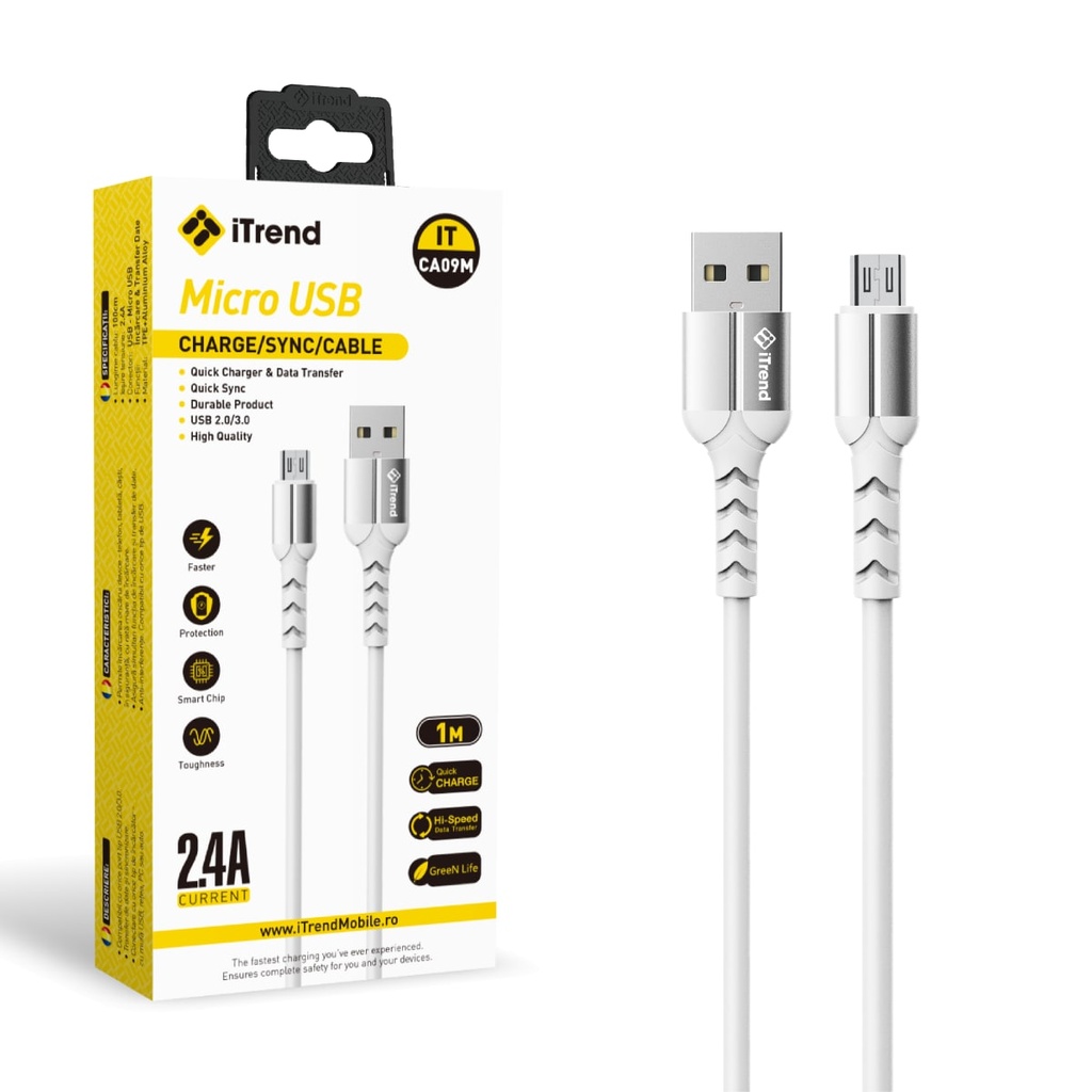 [CA09M-WH] Cablu Date si Incarcare, USB-A la Micro-USB, 1m, ALB (CA09M)