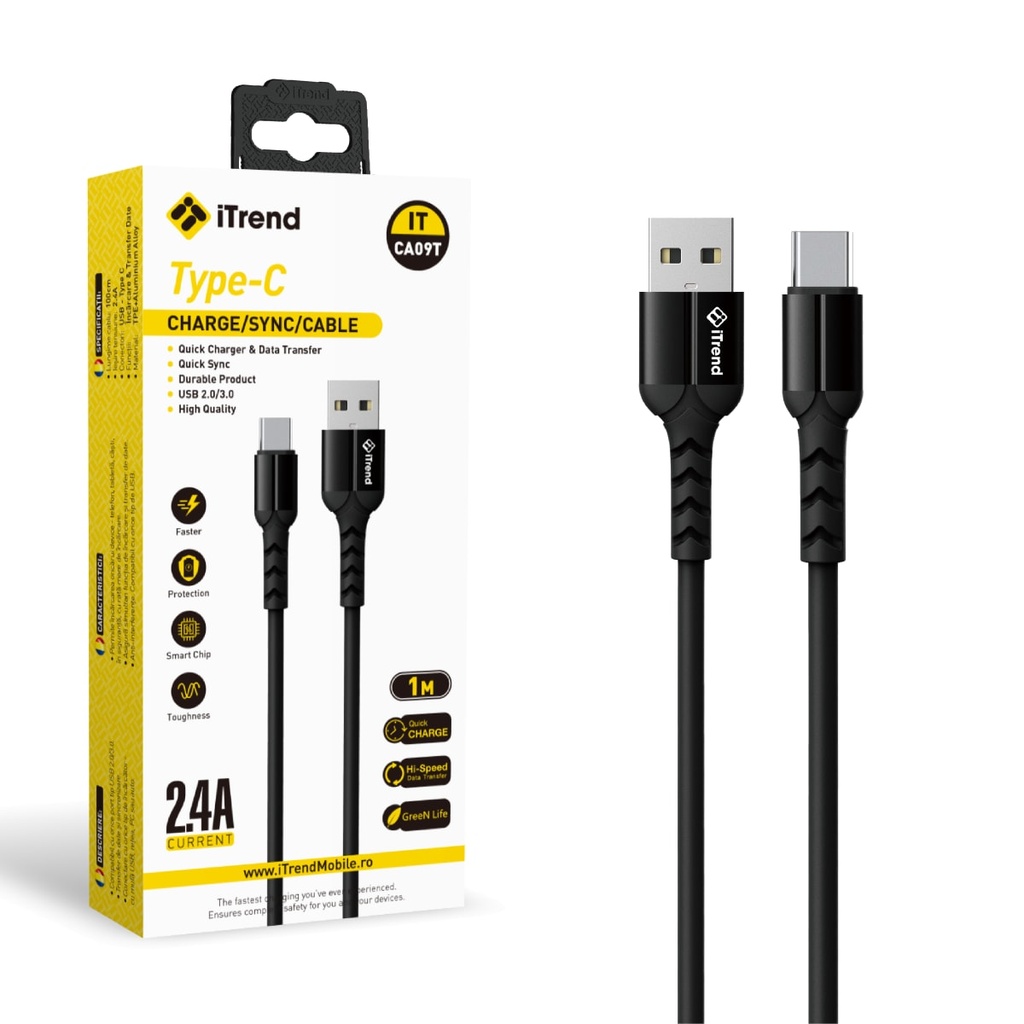 [CA09T-BK] Data and Charging Cable, USB-A to USB-C, 1m, BLACK (CA09T)