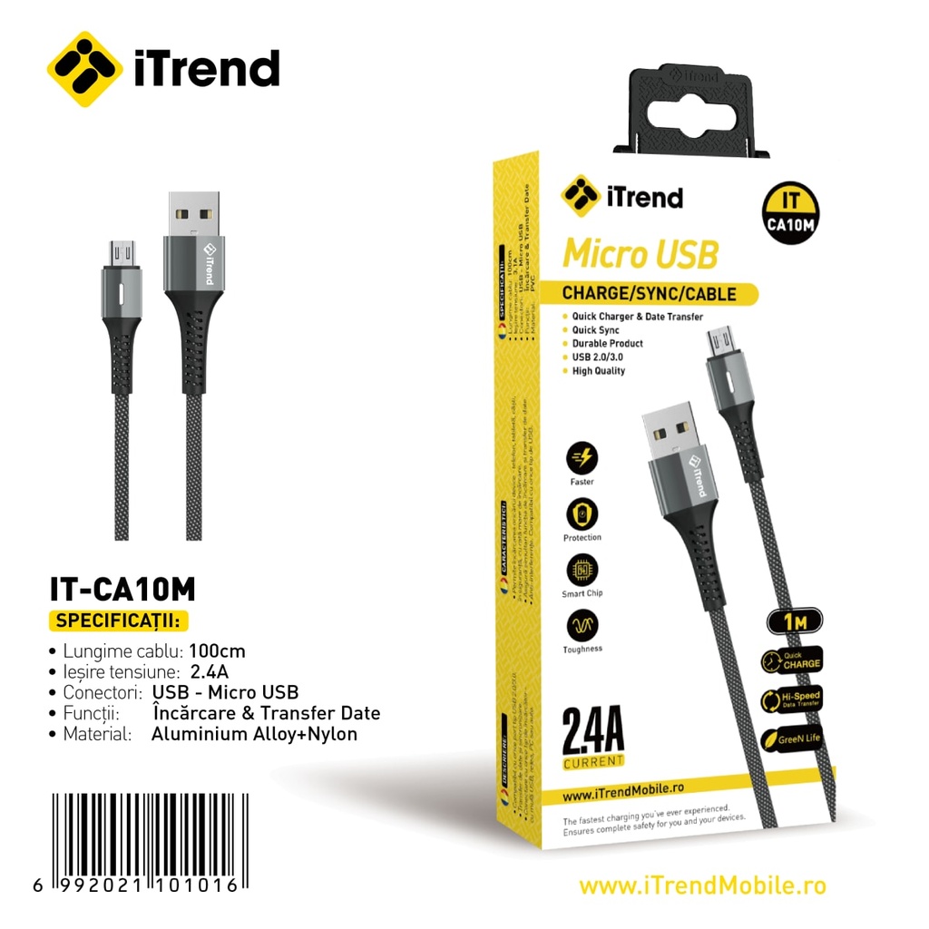 [CA10M-GY] Cablu Date si Incarcare, USB-A la Micro-USB, 1m, GRI (CA10M)