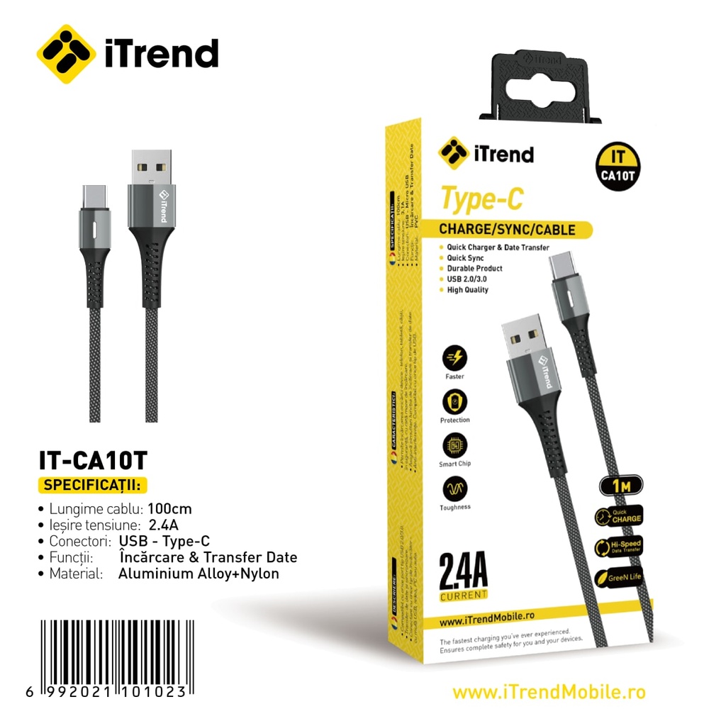 Cablu Date si Incarcare, USB-A la USB-C, 1m, GRI (CA10T)