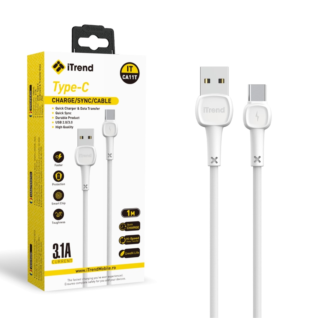 Data and Charging Cable, USB-A to USB-C, 1m, WHITE (CA11T)