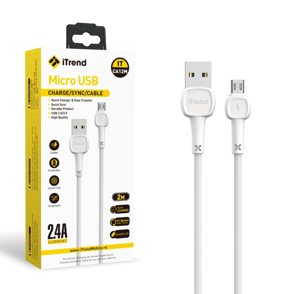 [CA12M-WH] Cablu Date si Incarcare, USB-A la Micro-USB, 2m, ALB (CA12M)