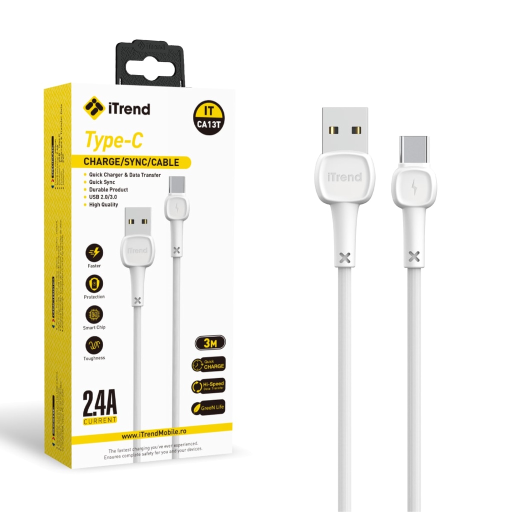 Cablu Date si Incarcare, USB-A la USB-C, 3m, ALB (CA13T)