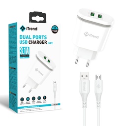 Incarcator Retea cu Cablu Micro-USB, 1m, 3.1A, 2xUSB-A, ALB (T56M)